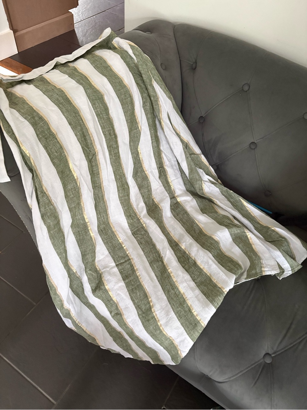 LOFT Olive Green and White Striped Maxi Skirt with Gold Accent